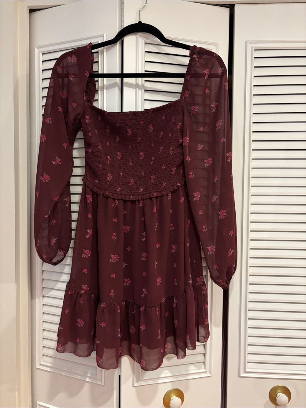 Aritzia Wilfred Burgundy Floral Smocked Dress with Pink Accents